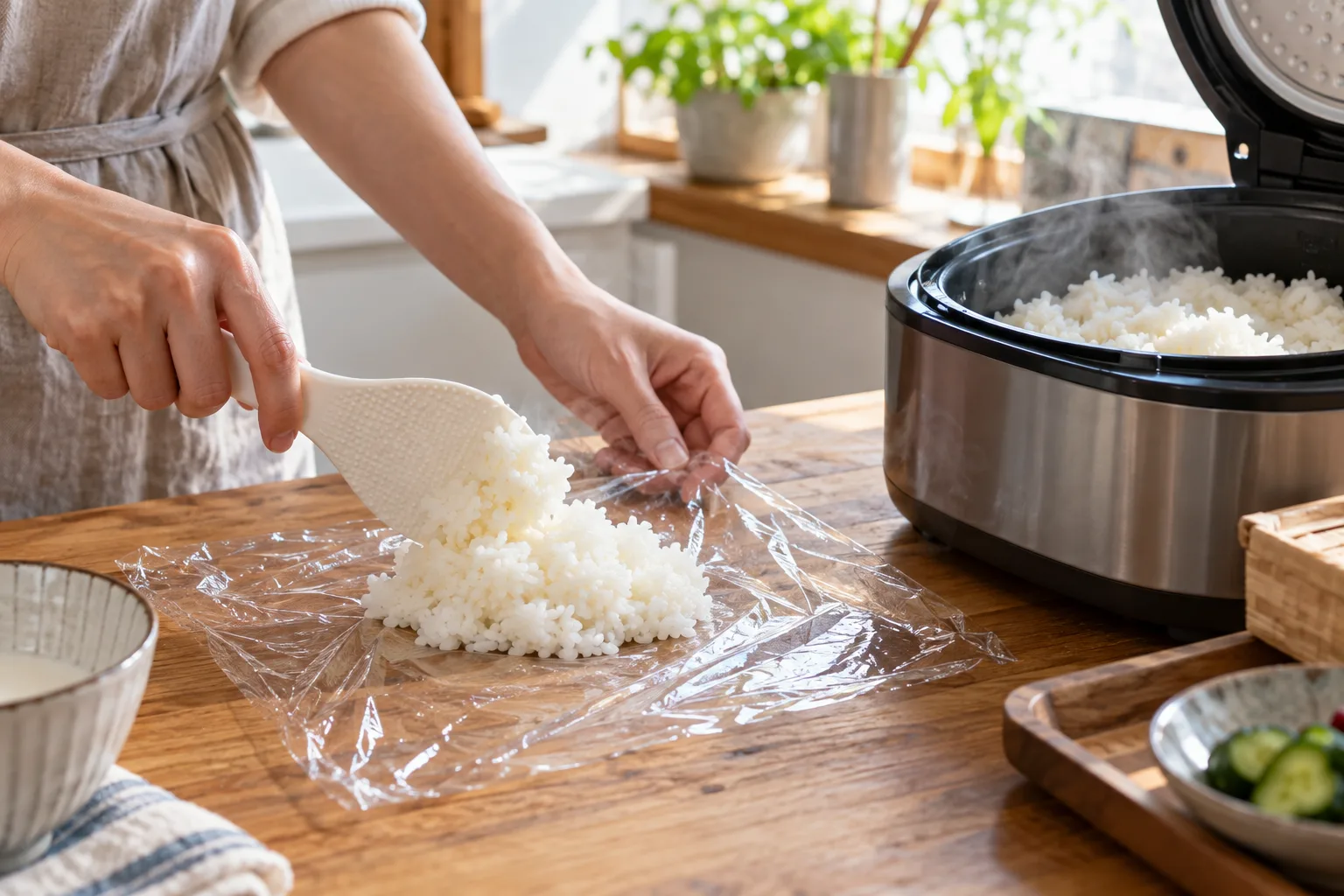 炊きたてのご飯をラップに小分けして包んでいる、炊飯器のある明るい台所の調理台