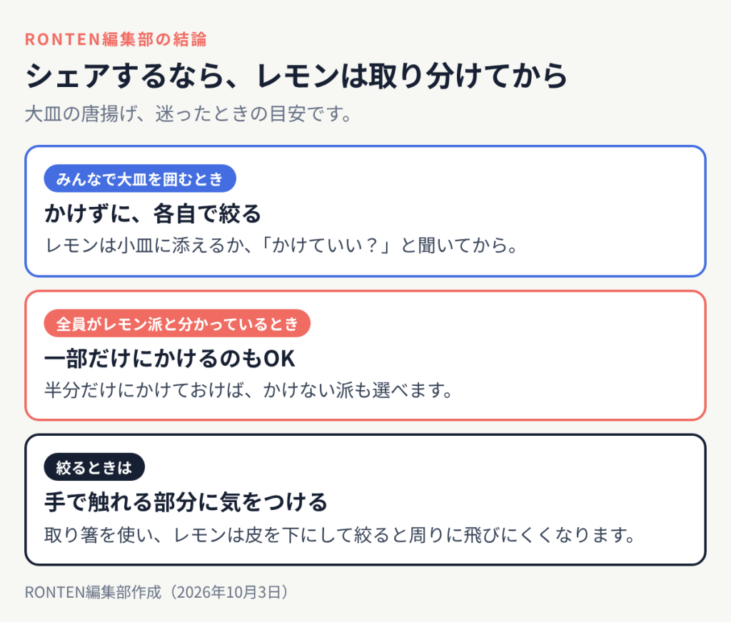 シェアするなら、レモンは取り分けてから:みんなで大皿を囲むときはかけずに、各自で絞る、全員がレモン派と分かっているときは一部だけにかけるのもOK、絞るときはは手で触れる部分に気をつける