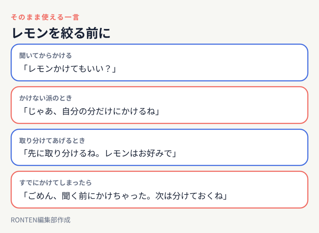 レモンを絞る前に:「レモンかけてもいい?」、「じゃあ、自分の分だけにかけるね」、「先に取り分けるね。レモンはお好みで」、「ごめん、聞く前にかけちゃった。次は分けておくね」