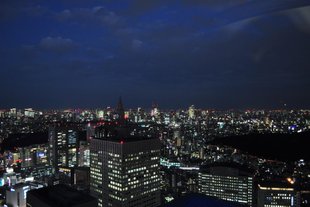 東京都庁の展望室から見た夜のビル群。オフィスの窓に明かりが残っている