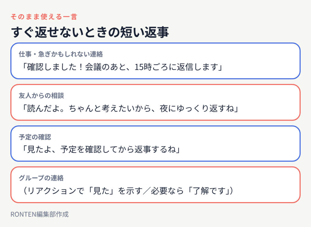 すぐ返せないときの一言の例:確認しました15時ごろに返信します、夜にゆっくり返すね、予定を確認してから返事するね