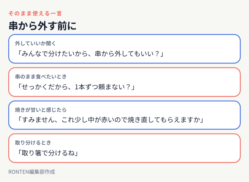 串から外す前に:「みんなで分けたいから、串から外してもいい?」、「せっかくだから、1本ずつ頼まない?」、「すみません、これ少し中が赤いので焼き直してもらえますか」、「取り箸で分けるね」