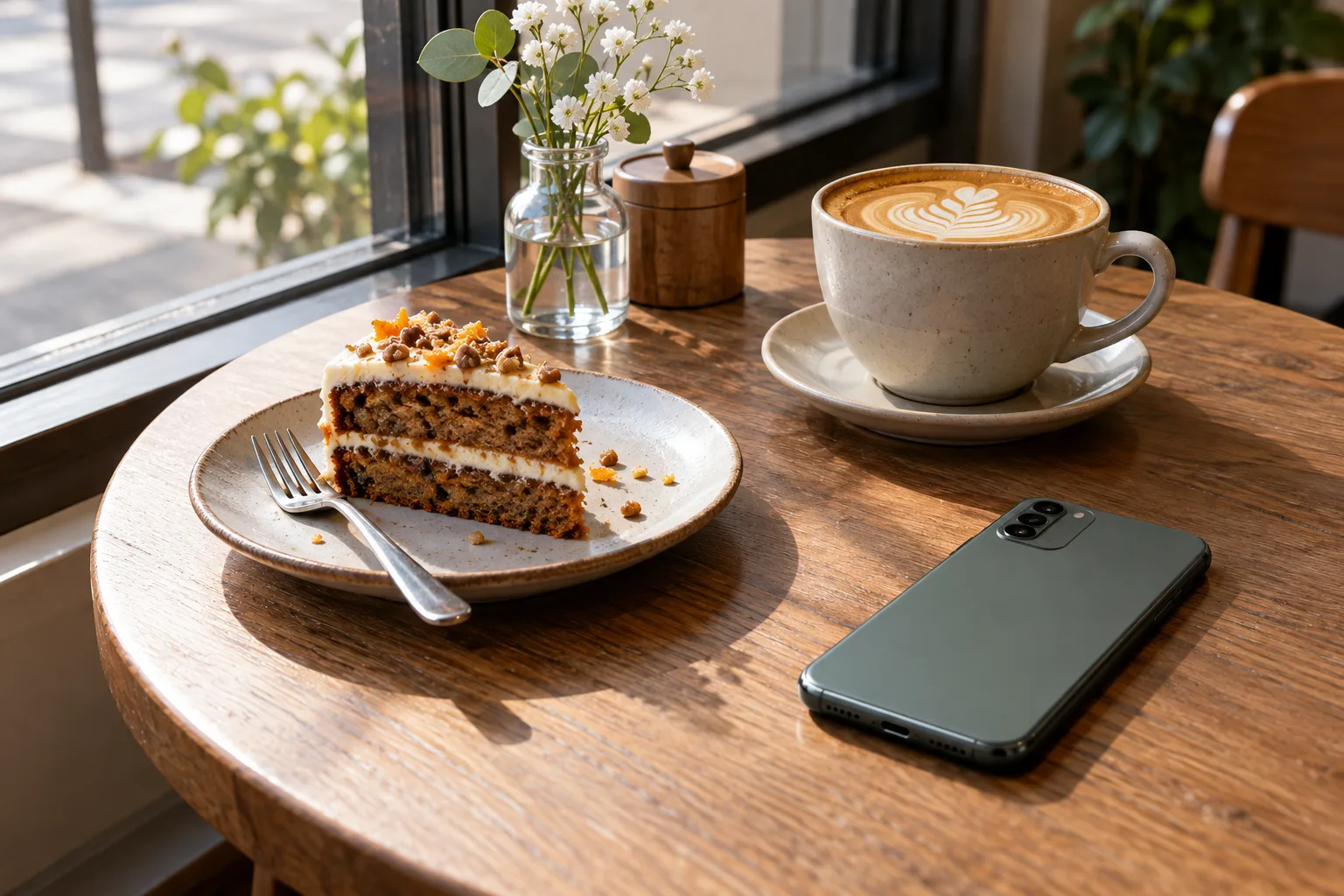 カフェの窓際のテーブルに伏せて置かれたスマートフォンと、ラテ、ケーキの小皿